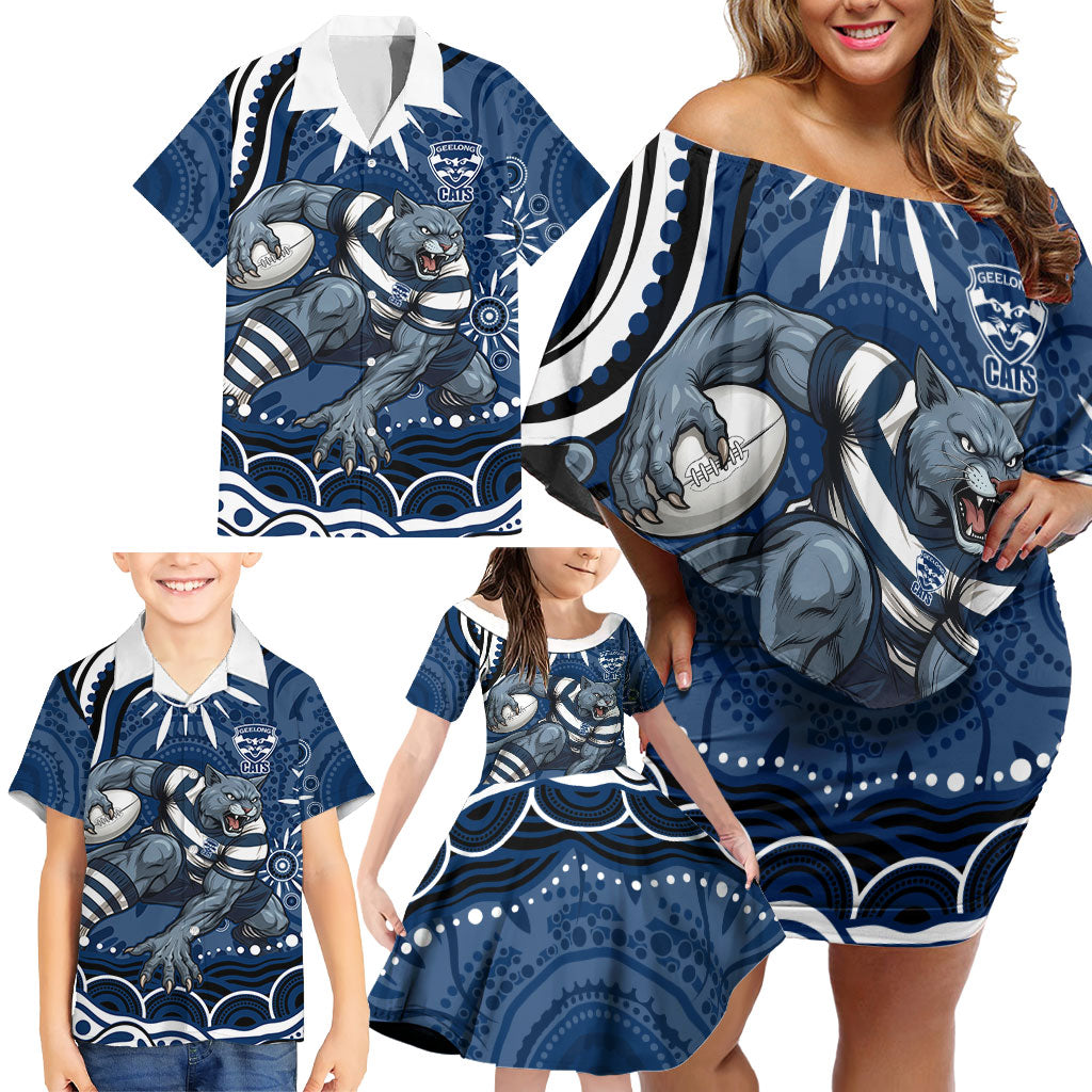 Personalized Geelong Cats Rugby Mascot Family Matching Off Shoulder Short Dress and Hawaiian Shirt Aboriginal Dot Art - Dreamtime Football Mascot