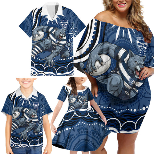 Personalized Geelong Cats Rugby Mascot Family Matching Off Shoulder Short Dress and Hawaiian Shirt Aboriginal Dot Art - Dreamtime Football Mascot