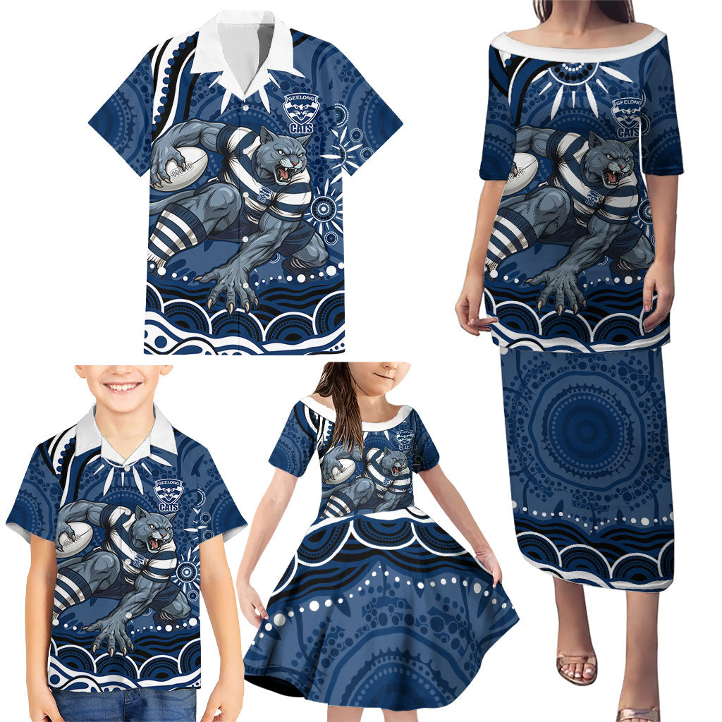 Personalized Geelong Cats Rugby Mascot Family Matching Puletasi and Hawaiian Shirt Aboriginal Dot Art - Dreamtime Football Mascot