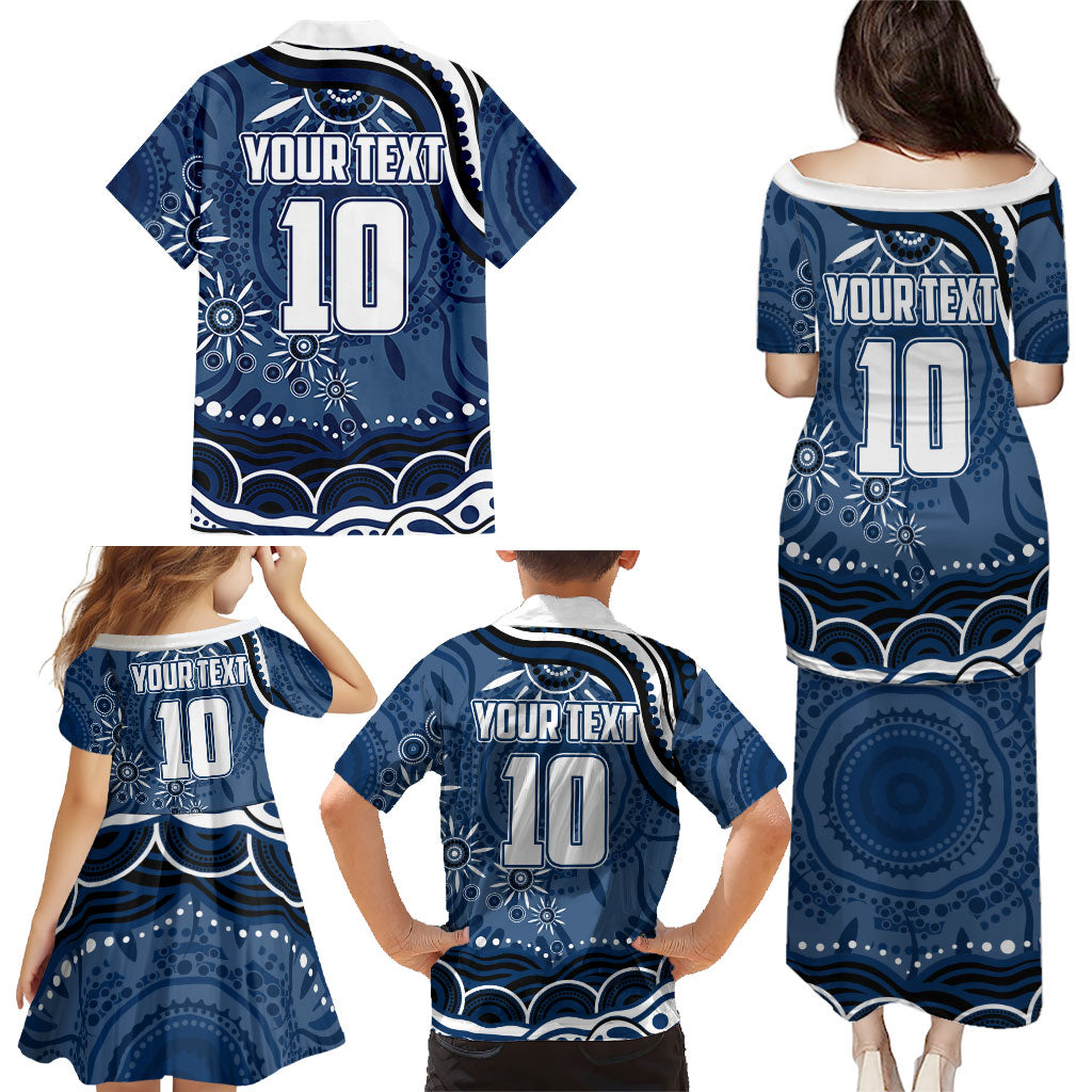 Personalized Geelong Cats Rugby Mascot Family Matching Puletasi and Hawaiian Shirt Aboriginal Dot Art - Dreamtime Football Mascot
