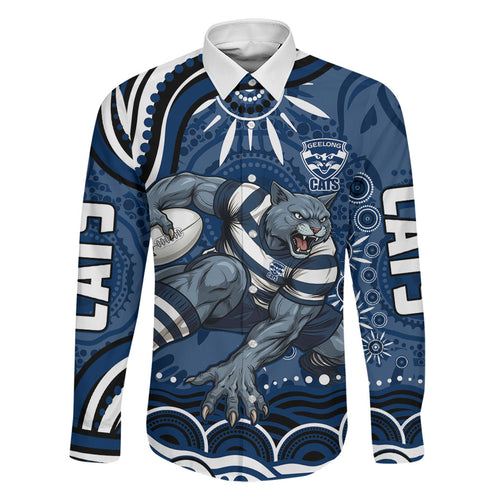 Personalized Geelong Cats Rugby Mascot Family Matching Puletasi and Hawaiian Shirt Aboriginal Dot Art - Dreamtime Football Mascot