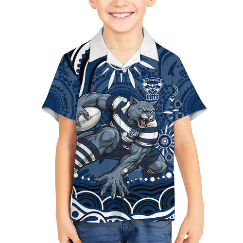 Personalized Geelong Cats Rugby Mascot Family Matching Puletasi and Hawaiian Shirt Aboriginal Dot Art - Dreamtime Football Mascot