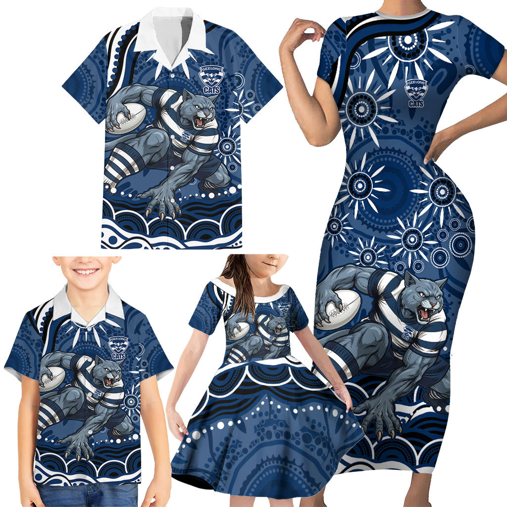 Personalized Geelong Cats Rugby Mascot Family Matching Short Sleeve Bodycon Dress and Hawaiian Shirt Aboriginal Dot Art - Dreamtime Football Mascot