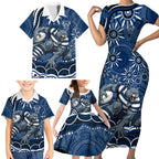 Personalized Geelong Cats Rugby Mascot Family Matching Short Sleeve Bodycon Dress and Hawaiian Shirt Aboriginal Dot Art - Dreamtime Football Mascot