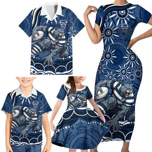 Personalized Geelong Cats Rugby Mascot Family Matching Short Sleeve Bodycon Dress and Hawaiian Shirt Aboriginal Dot Art - Dreamtime Football Mascot