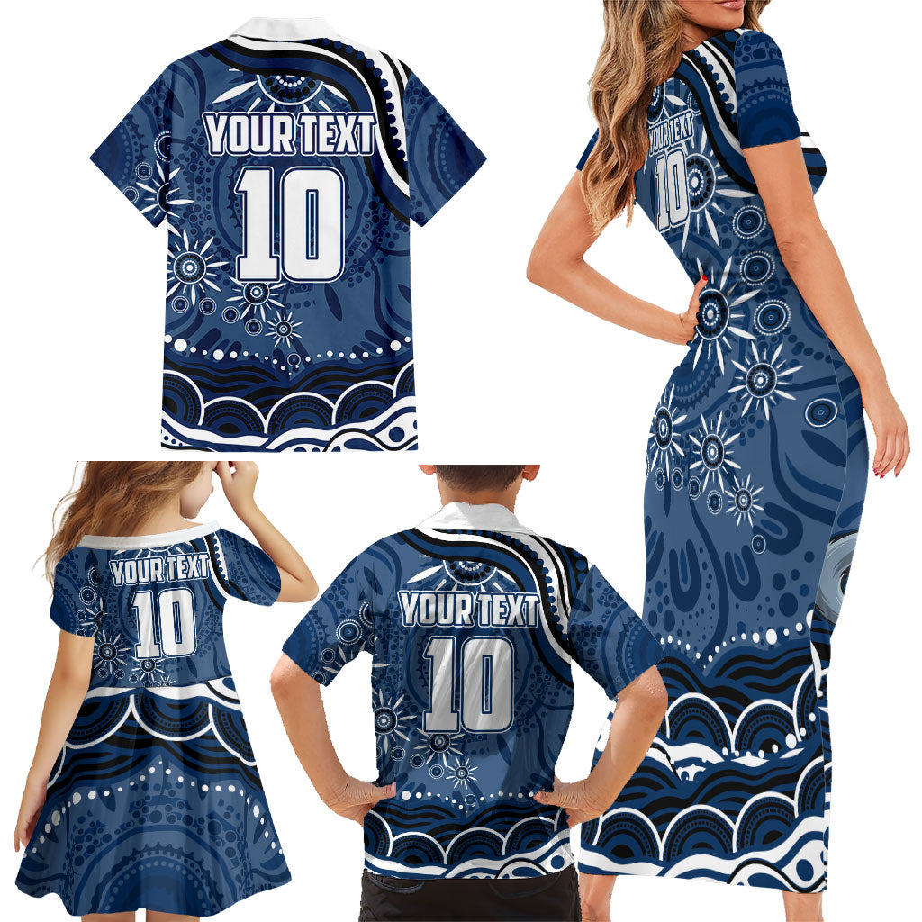 Personalized Geelong Cats Rugby Mascot Family Matching Short Sleeve Bodycon Dress and Hawaiian Shirt Aboriginal Dot Art - Dreamtime Football Mascot