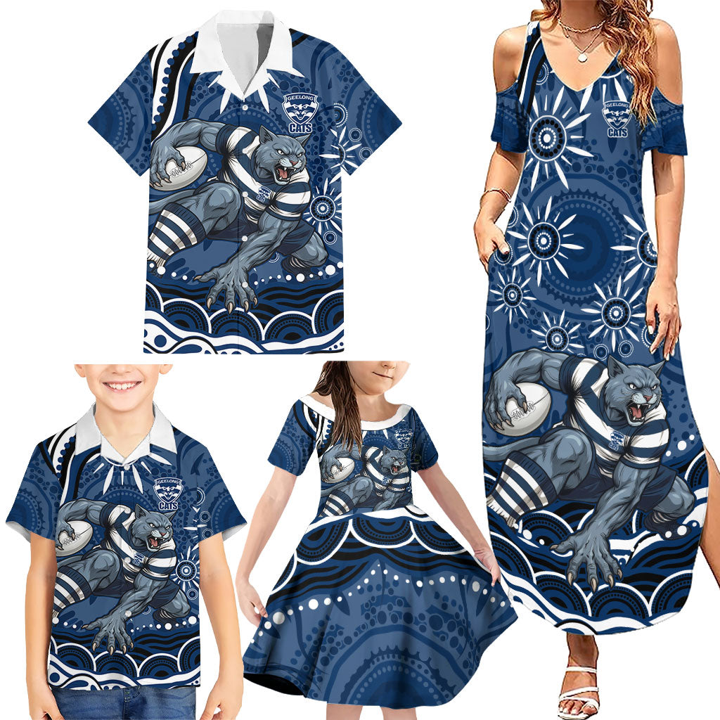 Personalized Geelong Cats Rugby Mascot Family Matching Summer Maxi Dress and Hawaiian Shirt Aboriginal Dot Art - Dreamtime Football Mascot