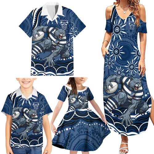 Personalized Geelong Cats Rugby Mascot Family Matching Summer Maxi Dress and Hawaiian Shirt Aboriginal Dot Art - Dreamtime Football Mascot
