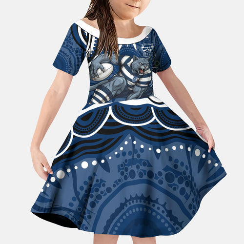 Personalized Geelong Cats Rugby Mascot Family Matching Summer Maxi Dress and Hawaiian Shirt Aboriginal Dot Art - Dreamtime Football Mascot
