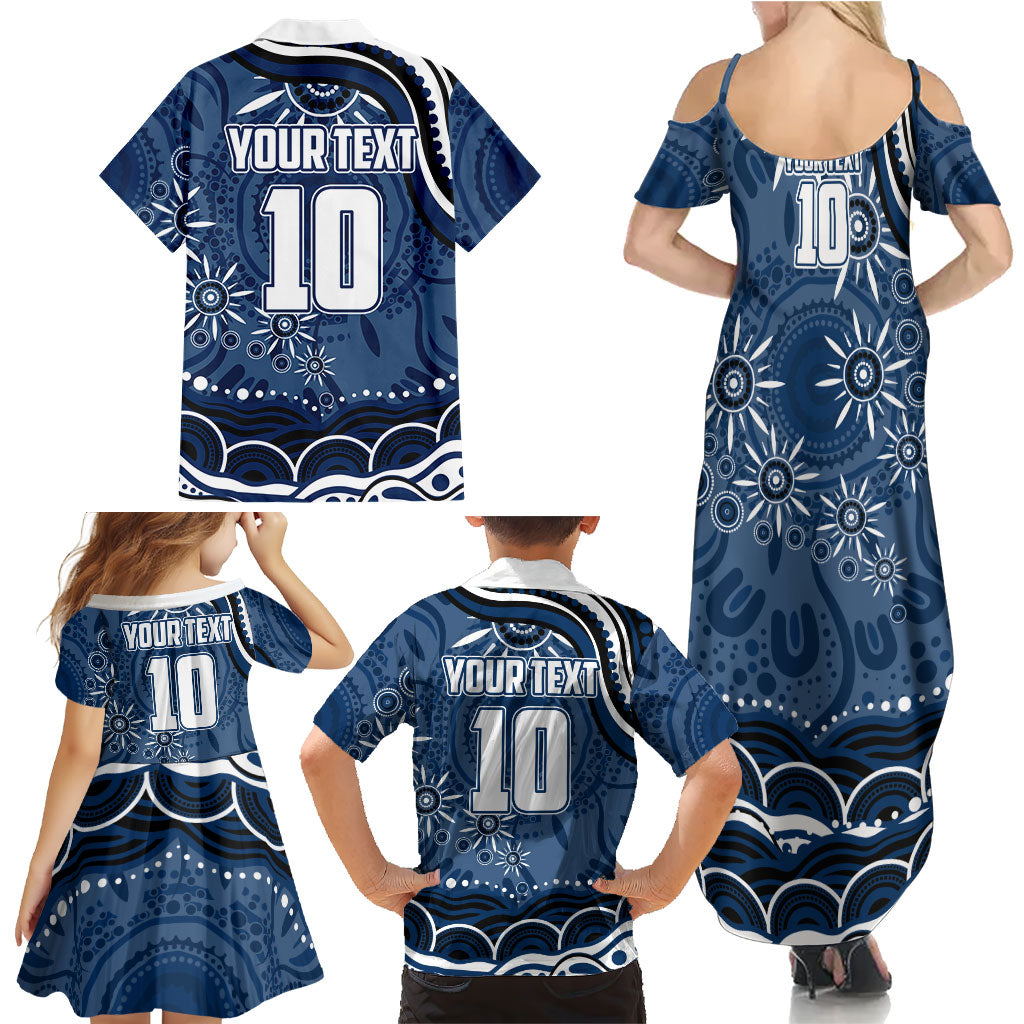 Personalized Geelong Cats Rugby Mascot Family Matching Summer Maxi Dress and Hawaiian Shirt Aboriginal Dot Art - Dreamtime Football Mascot