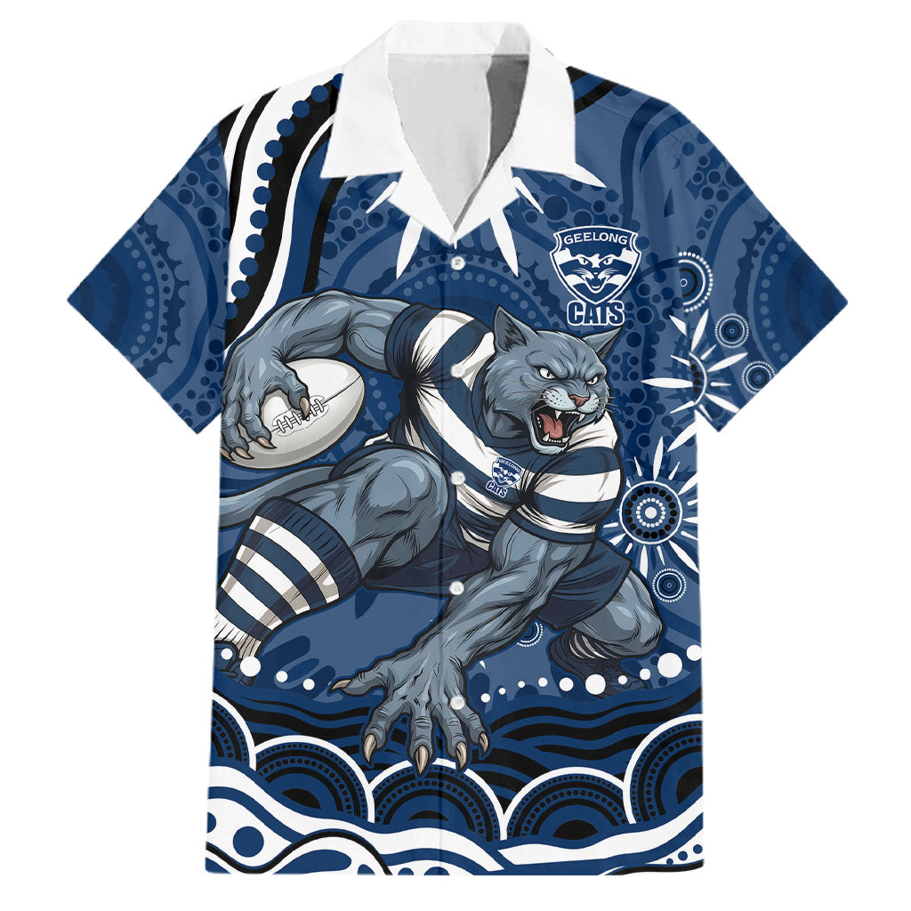 Personalized Geelong Cats Rugby Mascot Family Matching Summer Maxi Dress and Hawaiian Shirt Aboriginal Dot Art - Dreamtime Football Mascot
