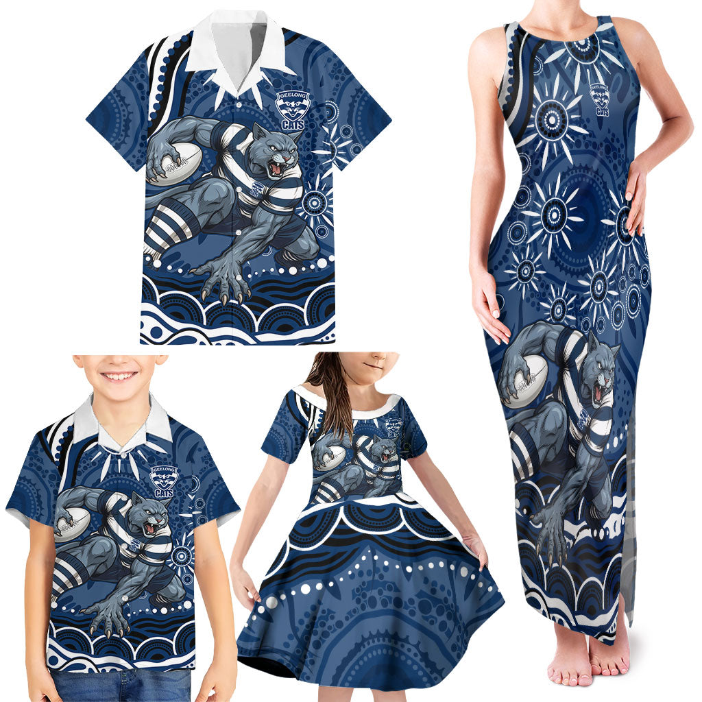 Personalized Geelong Cats Rugby Mascot Family Matching Tank Maxi Dress and Hawaiian Shirt Aboriginal Dot Art - Dreamtime Football Mascot