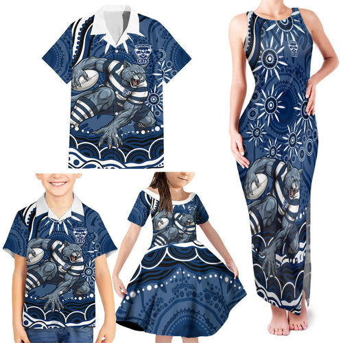 Personalized Geelong Cats Rugby Mascot Family Matching Tank Maxi Dress and Hawaiian Shirt Aboriginal Dot Art - Dreamtime Football Mascot