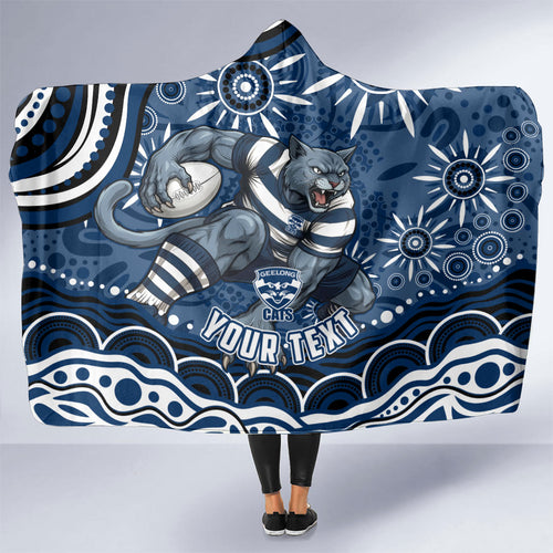 Personalized Geelong Cats Rugby Mascot Hooded Blanket Aboriginal Dot Art - Dreamtime Football Mascot