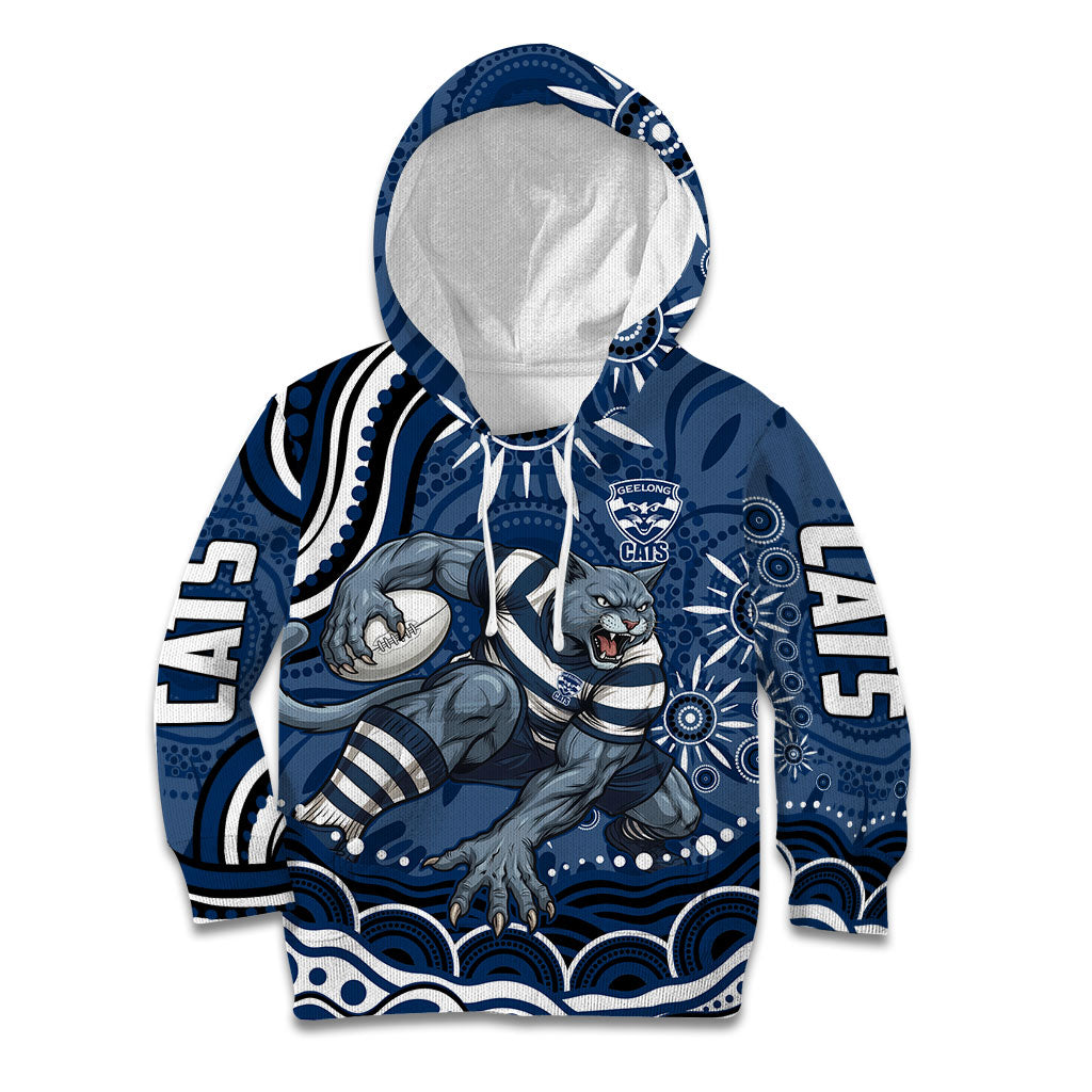 Personalized Geelong Cats Rugby Mascot Kid Hoodie Aboriginal Dot Art - Dreamtime Football Mascot