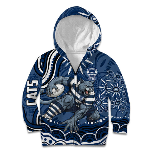 Personalized Geelong Cats Rugby Mascot Kid Hoodie Aboriginal Dot Art - Dreamtime Football Mascot