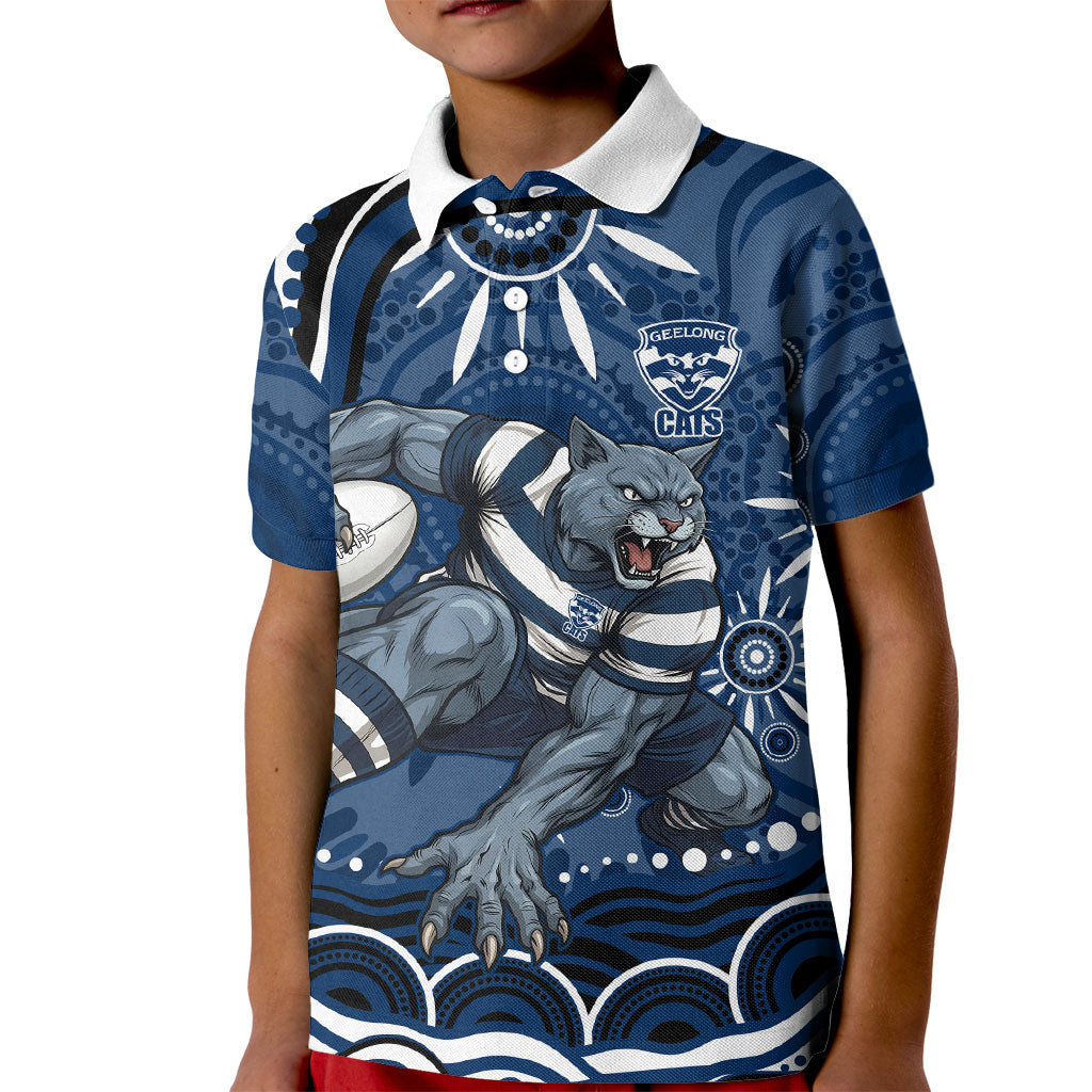 Personalized Geelong Cats Rugby Mascot Kid Polo Shirt Aboriginal Dot Art - Dreamtime Football Mascot