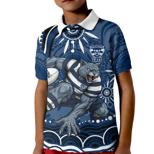 Personalized Geelong Cats Rugby Mascot Kid Polo Shirt Aboriginal Dot Art - Dreamtime Football Mascot