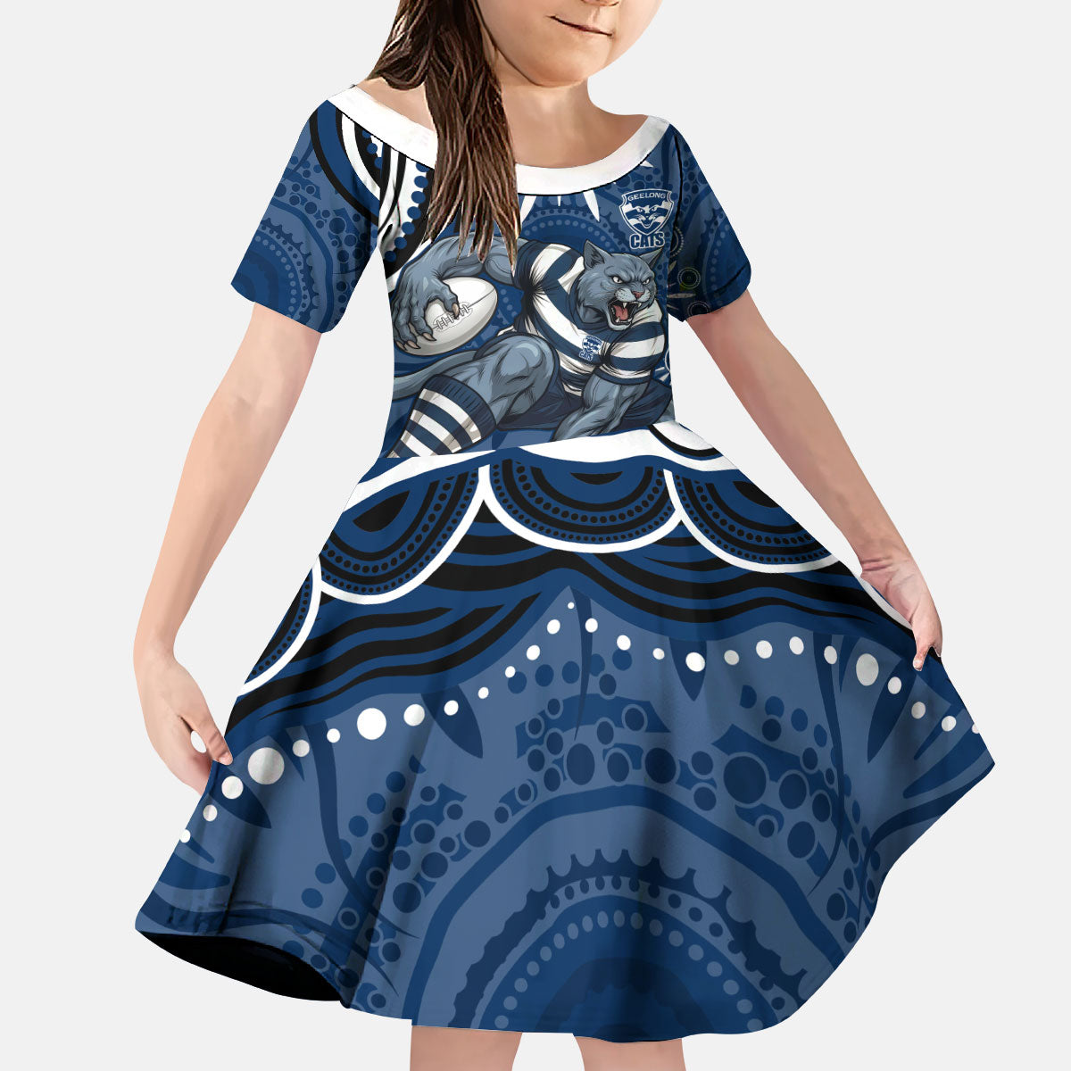 Personalized Geelong Cats Rugby Mascot Kid Short Sleeve Dress Aboriginal Dot Art - Dreamtime Football Mascot