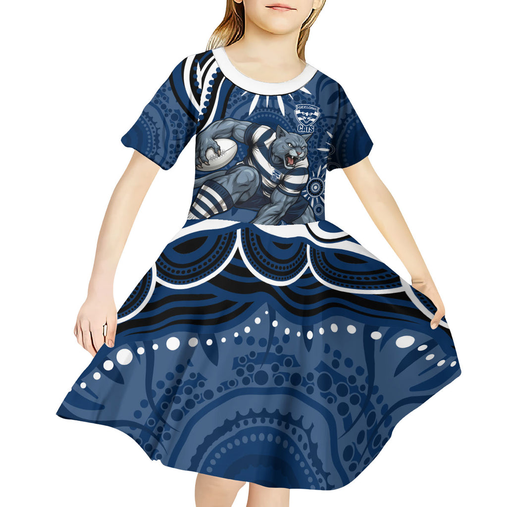 Personalized Geelong Cats Rugby Mascot Kid Short Sleeve Dress Aboriginal Dot Art - Dreamtime Football Mascot