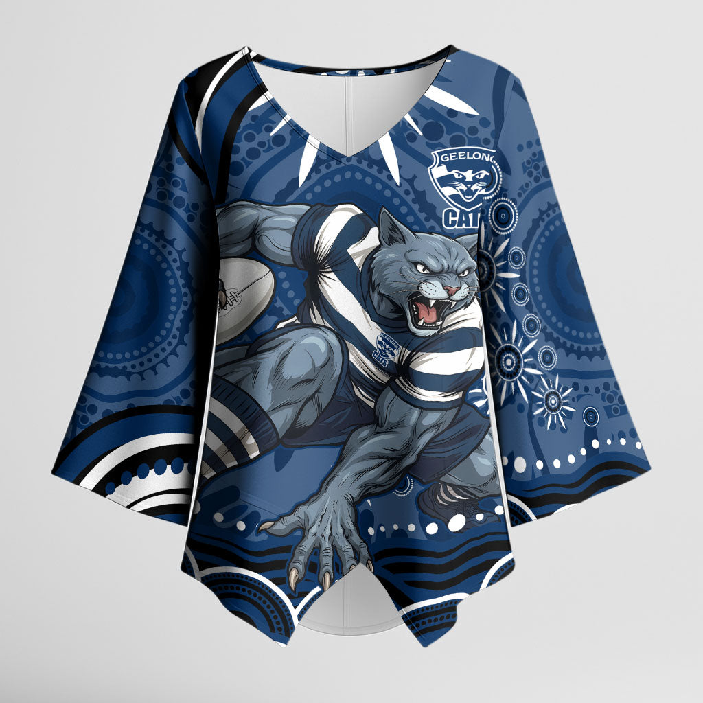 Personalized Geelong Cats Rugby Mascot Kimono Sleeve Blouse Aboriginal Dot Art - Dreamtime Football Mascot