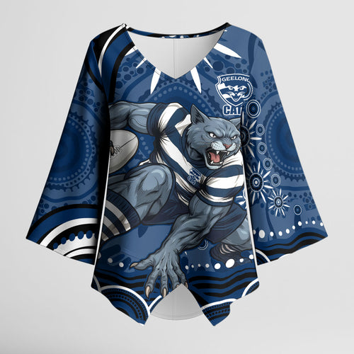 Personalized Geelong Cats Rugby Mascot Kimono Sleeve Blouse Aboriginal Dot Art - Dreamtime Football Mascot