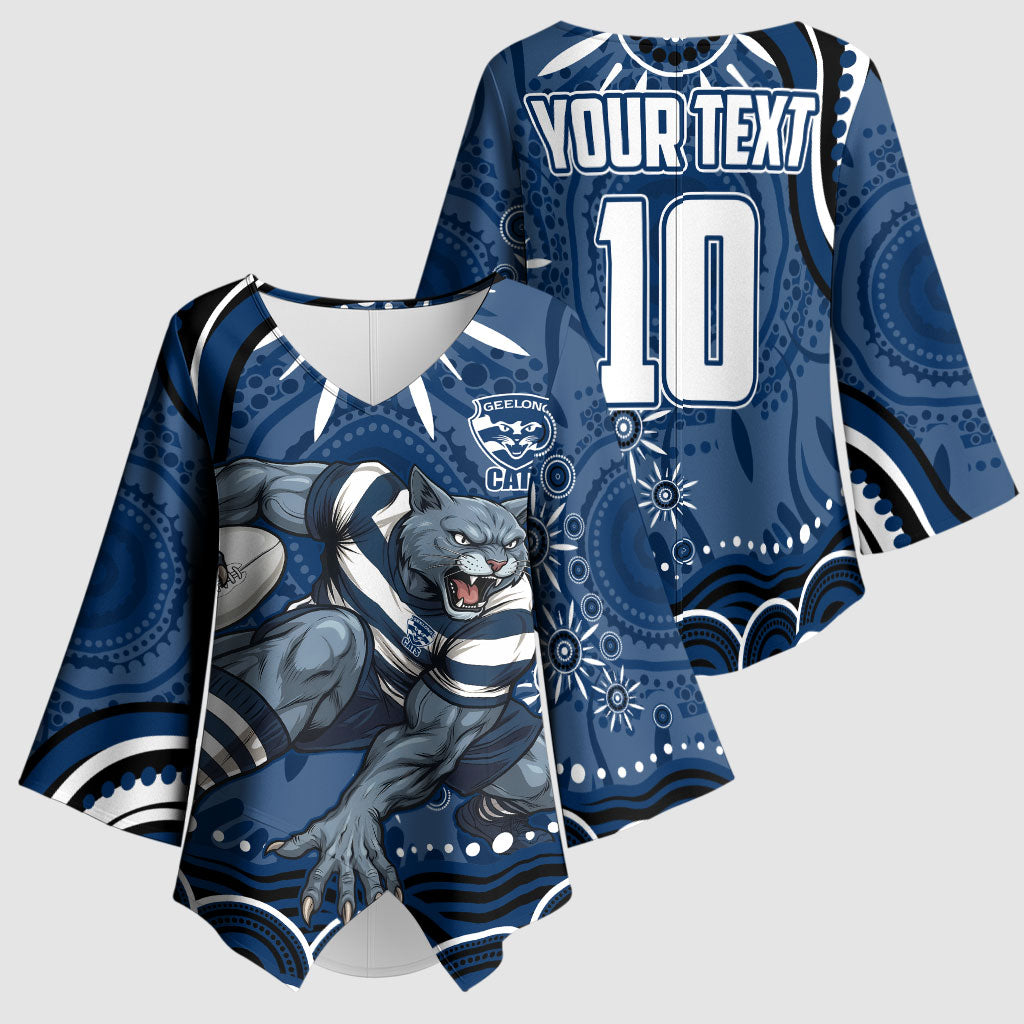 Personalized Geelong Cats Rugby Mascot Kimono Sleeve Blouse Aboriginal Dot Art - Dreamtime Football Mascot
