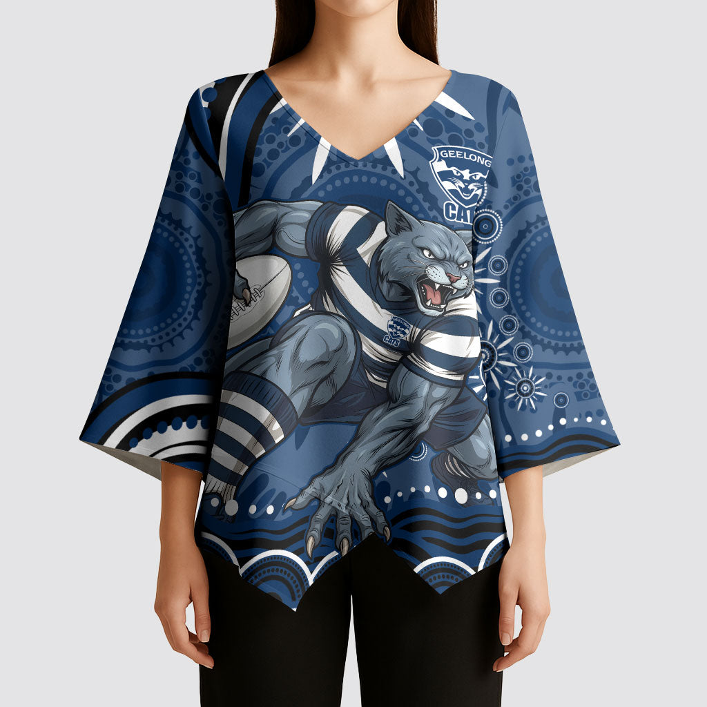 Personalized Geelong Cats Rugby Mascot Kimono Sleeve Blouse Aboriginal Dot Art - Dreamtime Football Mascot