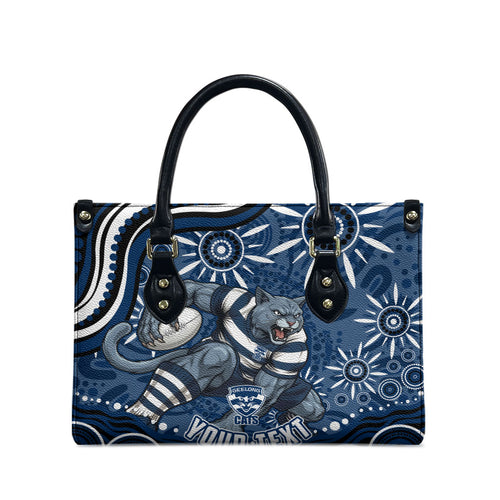 Personalized Geelong Cats Rugby Mascot Leather Bag Aboriginal Dot Art - Dreamtime Football Mascot