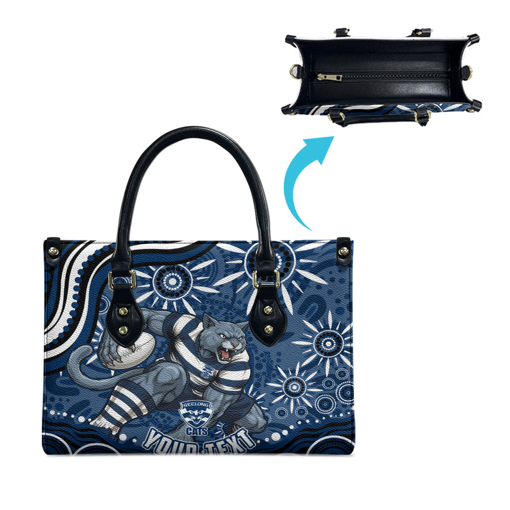 Personalized Geelong Cats Rugby Mascot Leather Bag Aboriginal Dot Art - Dreamtime Football Mascot