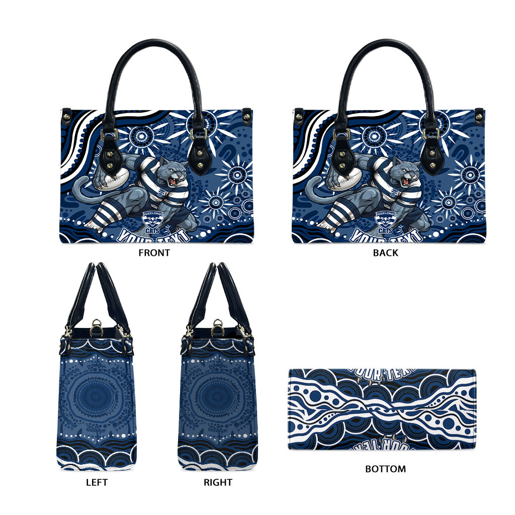 Personalized Geelong Cats Rugby Mascot Leather Bag Aboriginal Dot Art - Dreamtime Football Mascot