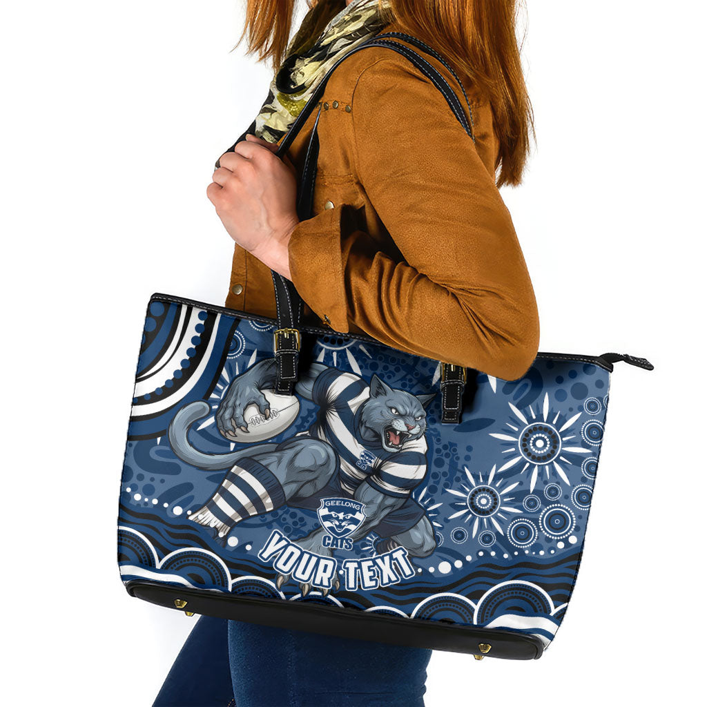 Personalized Geelong Cats Rugby Mascot Leather Tote Bag Aboriginal Dot Art - Dreamtime Football Mascot