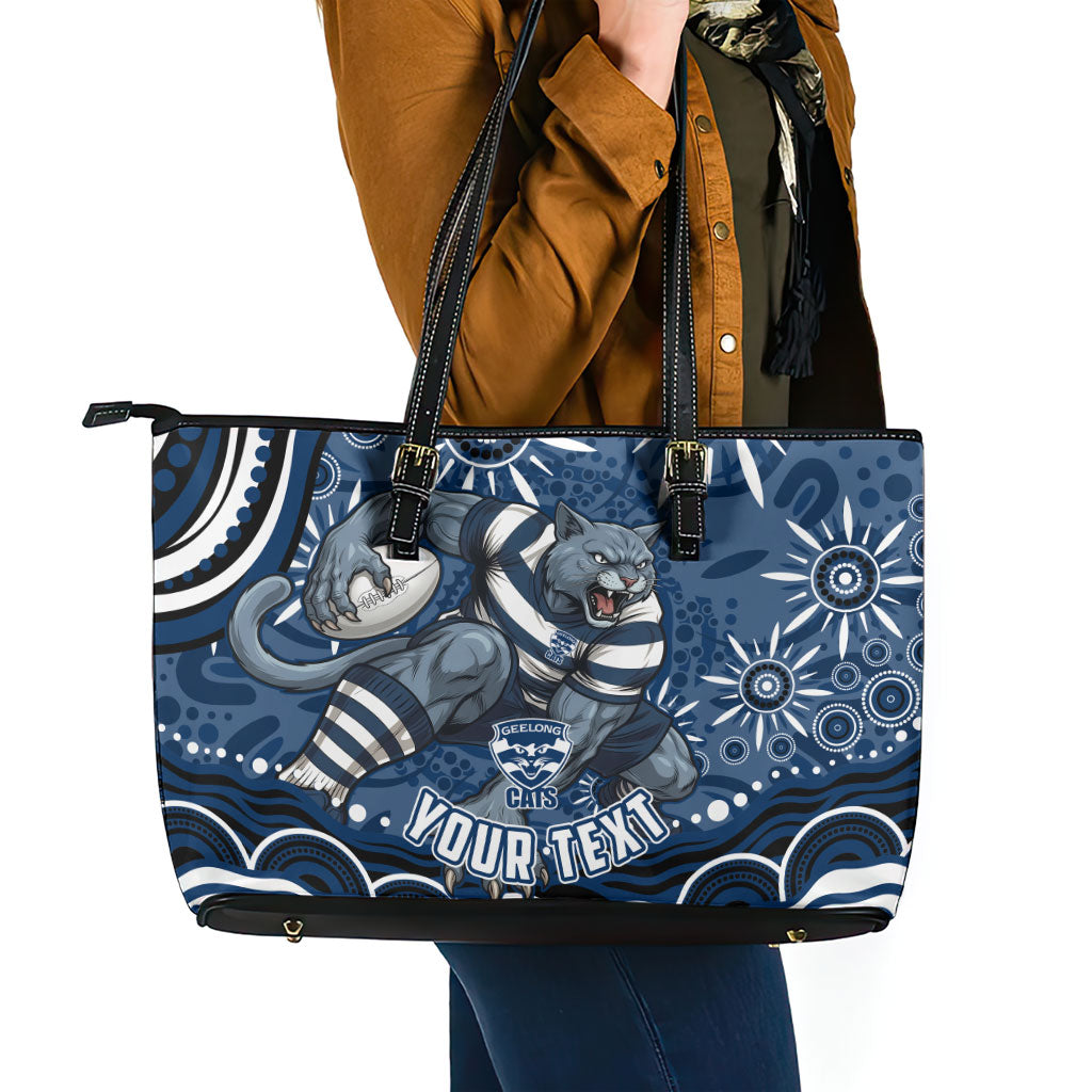 Personalized Geelong Cats Rugby Mascot Leather Tote Bag Aboriginal Dot Art - Dreamtime Football Mascot