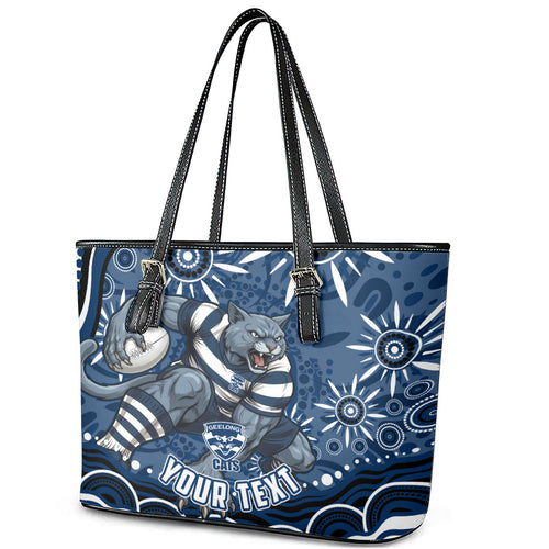 Personalized Geelong Cats Rugby Mascot Leather Tote Bag Aboriginal Dot Art - Dreamtime Football Mascot