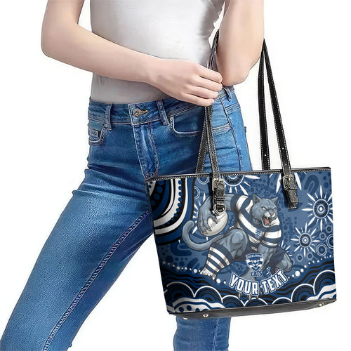 Personalized Geelong Cats Rugby Mascot Leather Tote Bag Aboriginal Dot Art - Dreamtime Football Mascot