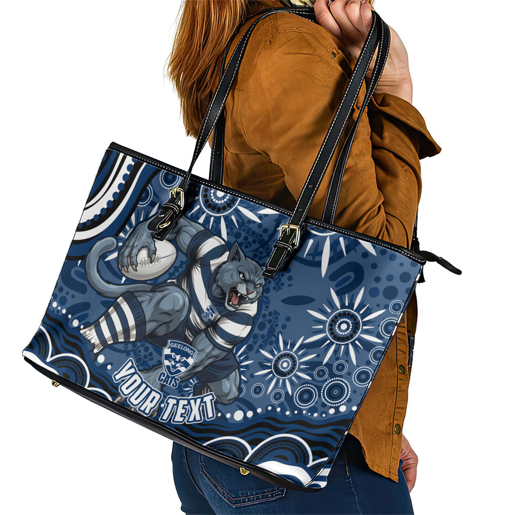 Personalized Geelong Cats Rugby Mascot Leather Tote Bag Aboriginal Dot Art - Dreamtime Football Mascot