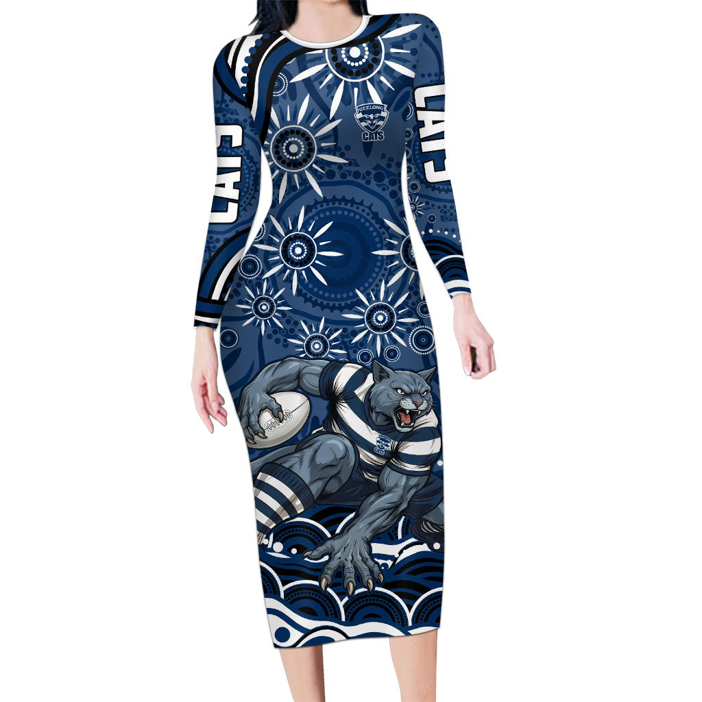 Personalized Geelong Cats Rugby Mascot Long Sleeve Bodycon Dress Aboriginal Dot Art - Dreamtime Football Mascot
