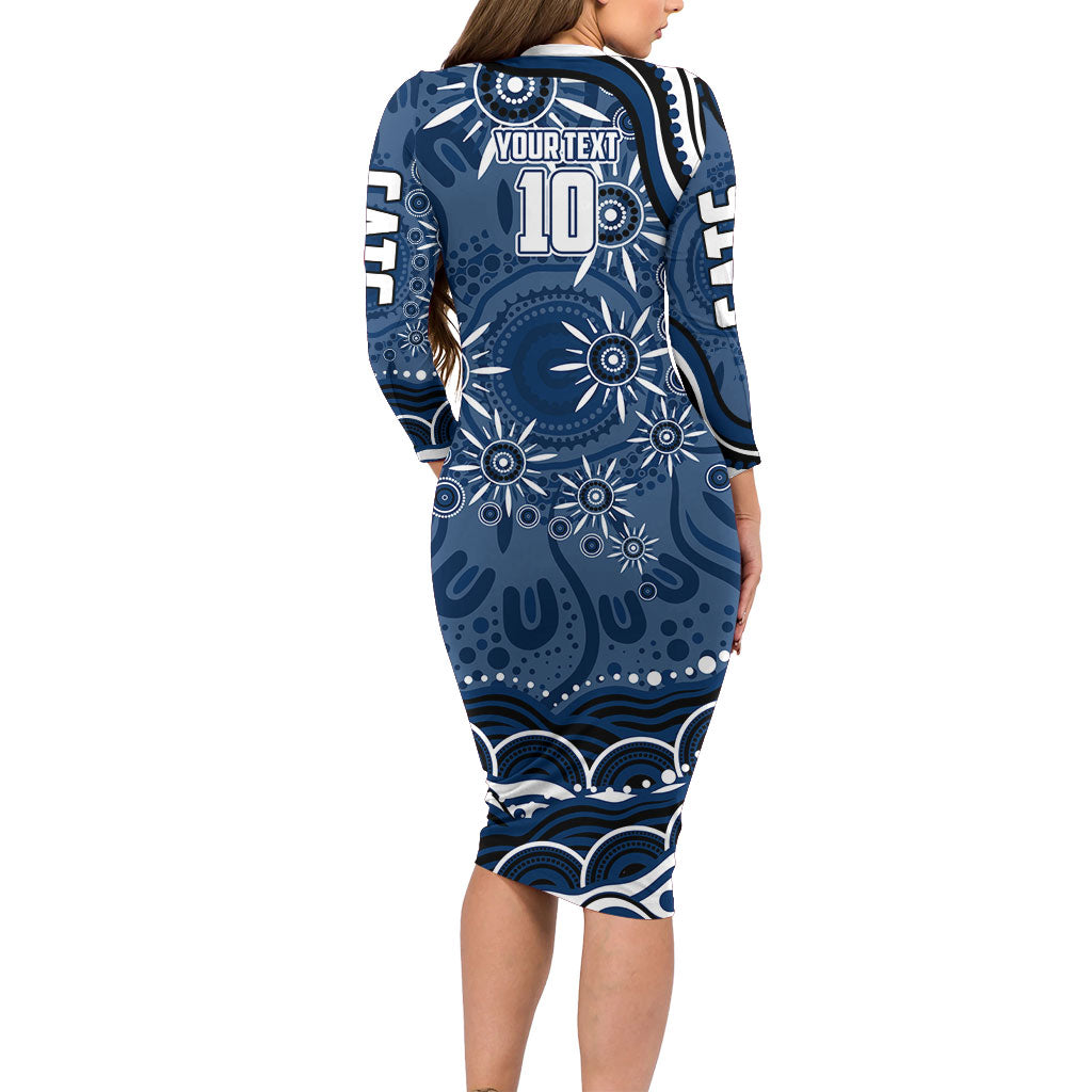 Personalized Geelong Cats Rugby Mascot Long Sleeve Bodycon Dress Aboriginal Dot Art - Dreamtime Football Mascot