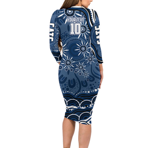 Personalized Geelong Cats Rugby Mascot Long Sleeve Bodycon Dress Aboriginal Dot Art - Dreamtime Football Mascot