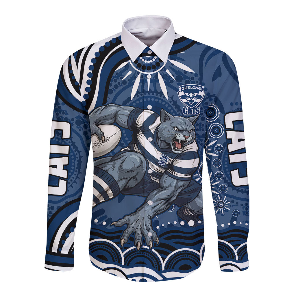 Personalized Geelong Cats Rugby Mascot Long Sleeve Button Shirt Aboriginal Dot Art - Dreamtime Football Mascot