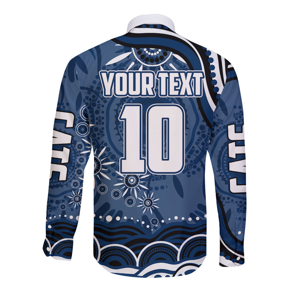 Personalized Geelong Cats Rugby Mascot Long Sleeve Button Shirt Aboriginal Dot Art - Dreamtime Football Mascot