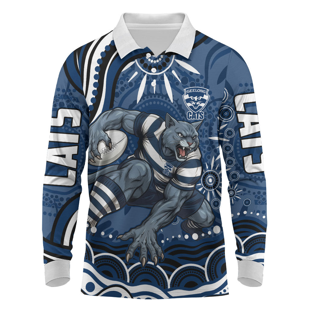 Personalized Geelong Cats Rugby Mascot Long Sleeve Polo Shirt Aboriginal Dot Art - Dreamtime Football Mascot
