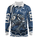 Personalized Geelong Cats Rugby Mascot Long Sleeve Polo Shirt Aboriginal Dot Art - Dreamtime Football Mascot