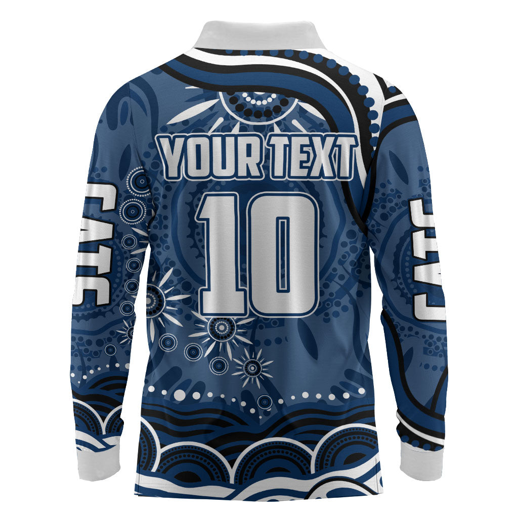 Personalized Geelong Cats Rugby Mascot Long Sleeve Polo Shirt Aboriginal Dot Art - Dreamtime Football Mascot