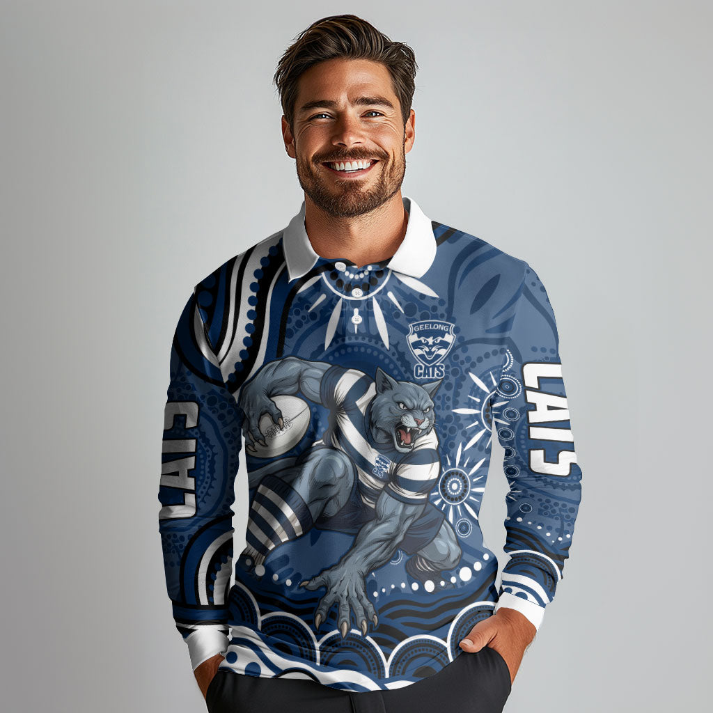 Personalized Geelong Cats Rugby Mascot Long Sleeve Polo Shirt Aboriginal Dot Art - Dreamtime Football Mascot