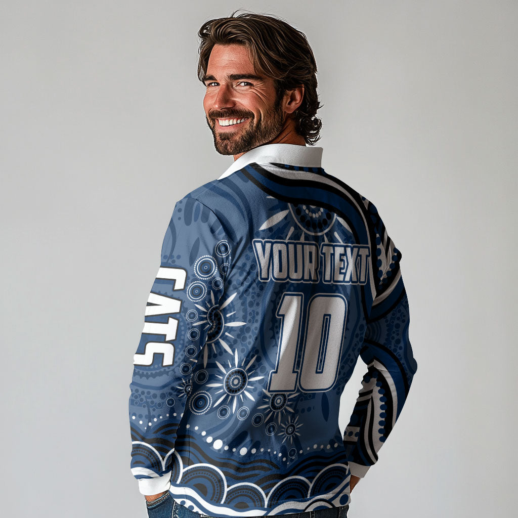 Personalized Geelong Cats Rugby Mascot Long Sleeve Polo Shirt Aboriginal Dot Art - Dreamtime Football Mascot