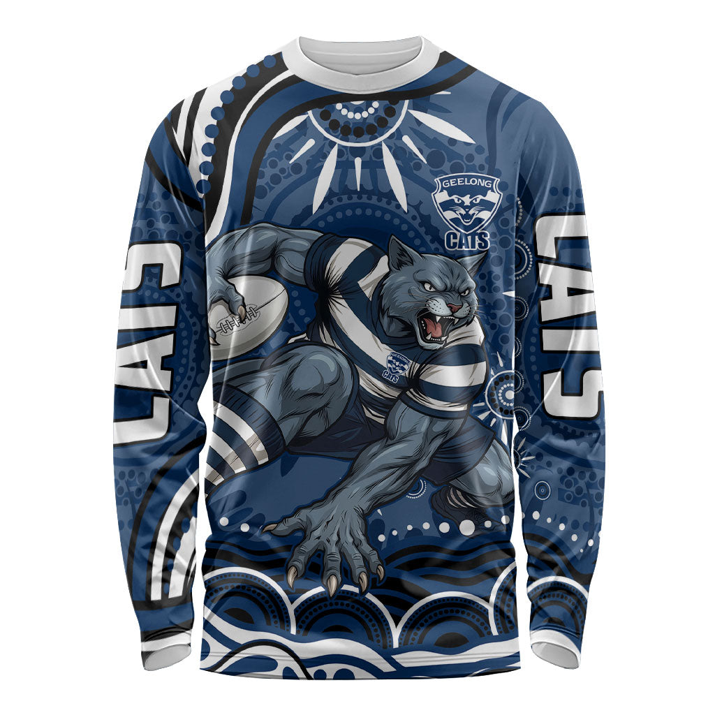 Personalized Geelong Cats Rugby Mascot Long Sleeve Shirt Aboriginal Dot Art - Dreamtime Football Mascot