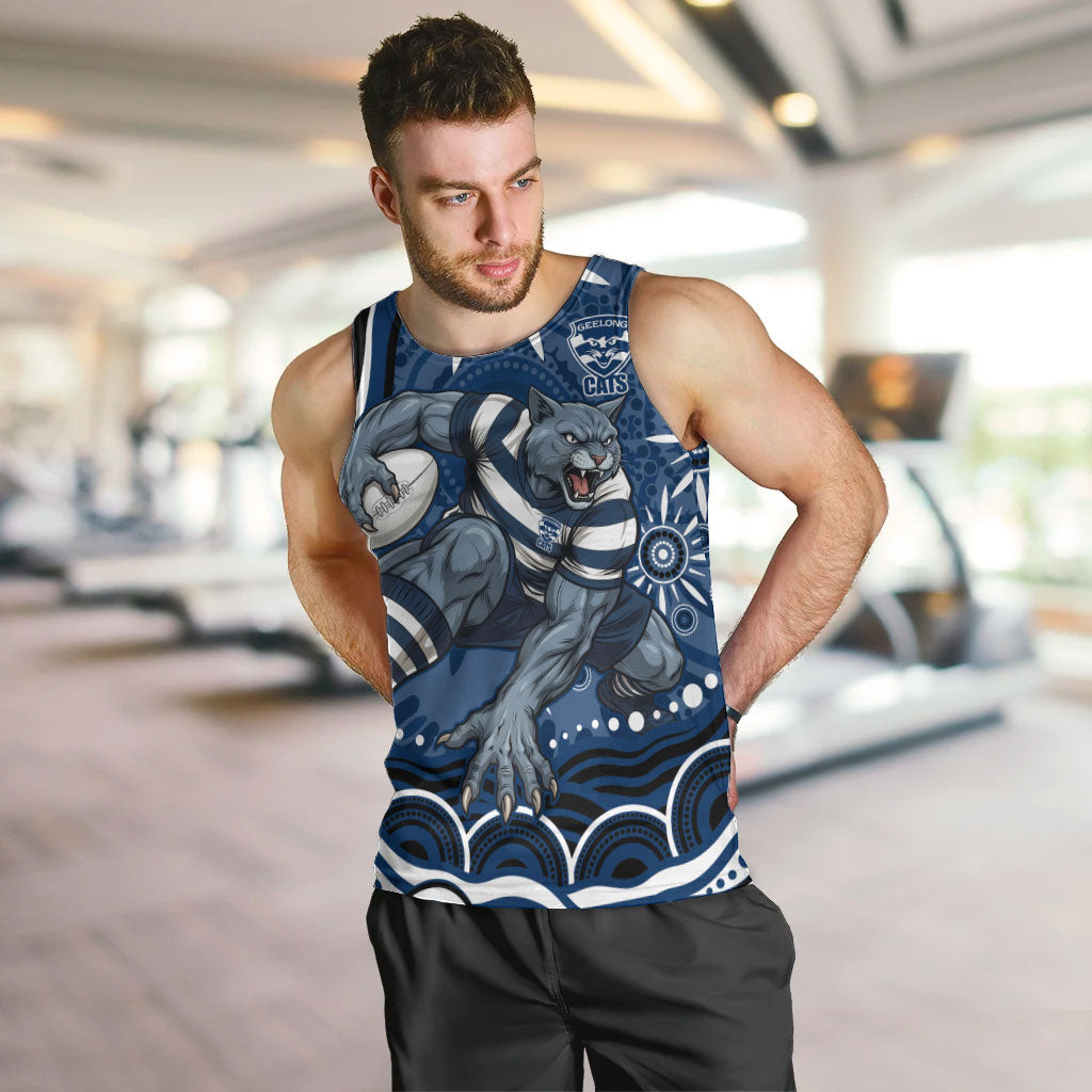 Personalized Geelong Cats Rugby Mascot Men Tank Top Aboriginal Dot Art - Dreamtime Football Mascot