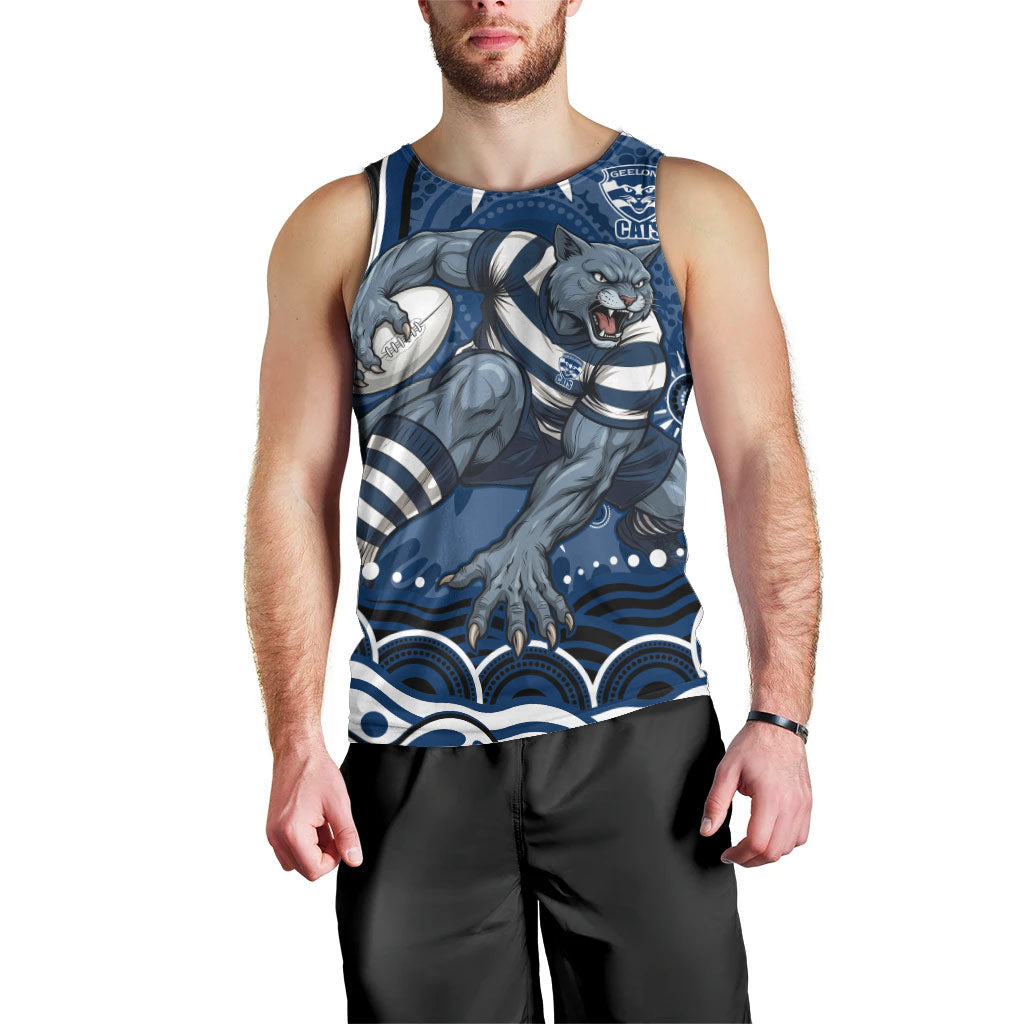 Personalized Geelong Cats Rugby Mascot Men Tank Top Aboriginal Dot Art - Dreamtime Football Mascot