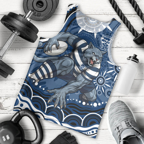 Personalized Geelong Cats Rugby Mascot Men Tank Top Aboriginal Dot Art - Dreamtime Football Mascot